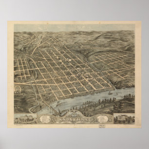 1871 Knoxville, TN Birds Eye Uitzicht Panorama Poster