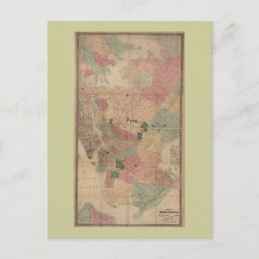 1872 Brooklyn Map - New York City, Queens Briefkaart (Voorkant)