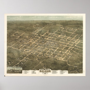 1872 Raleigh, NC Birds Eye Uitzicht Panorama Poster