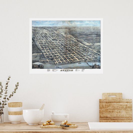 1873 Austin, TX Bird's Eye Uitzicht Panorama Poster (Keuken)