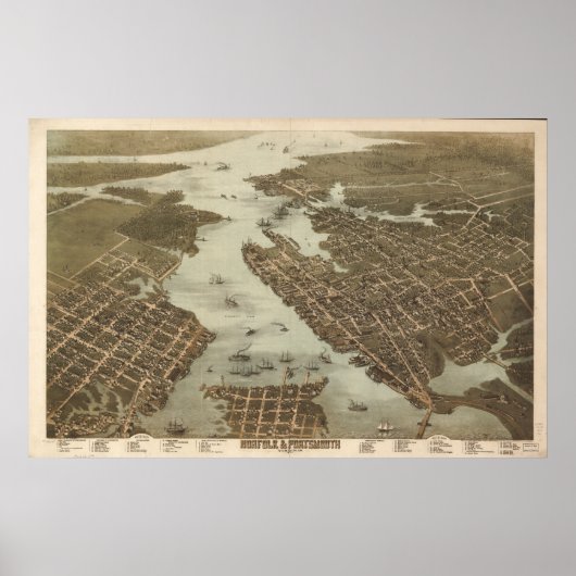 1873 Norfolk Portsmouth VA BirdsEye Panoramic Map Poster (Voorkant)