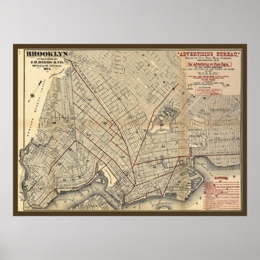 1874 Brooklyn City Railroad Company Route Map Poster (Voorkant)