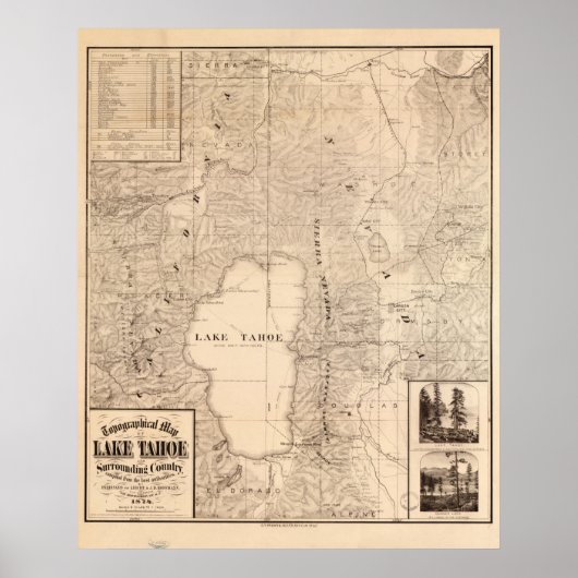 1874 Kaart van het meer van Tahoe Area California Poster (Voorkant)