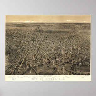 1874 Newark, NJ Birds Eye Uitzicht Panoramic Map Poster