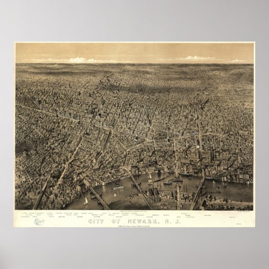 1874 Newark, NJ Birds Eye Uitzicht Panoramic Map Poster (Voorkant)