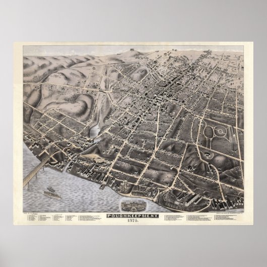 1874 Poughkeepsie, NY Birds Eye Uitzicht Panorama Poster (Voorkant)