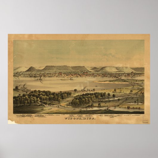1874 Winona, MN Birds Eye Uitzicht Panoramic Map Poster (Voorkant)