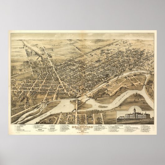 1875 Brantford, Ontario Bird's Eye Panoramic Map Poster (Voorkant)