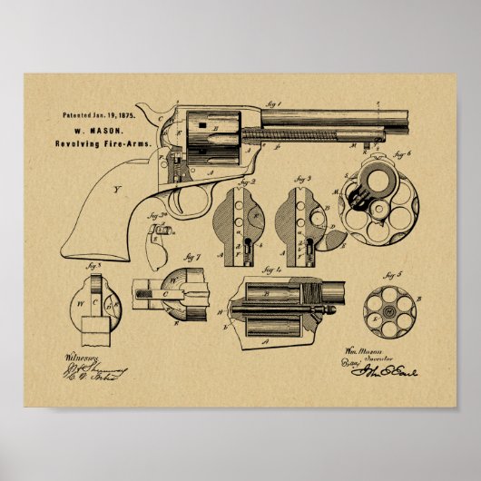 1875 Pistool Revolver Patent Art Drawing Print (Voorkant)