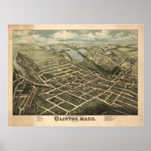 1876 Clinton, MA Birds Eye Uitzicht Panoramic Map Poster