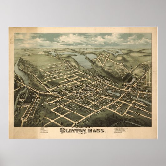 1876 Clinton, MA Birds Eye Uitzicht Panoramic Map Poster (Voorkant)