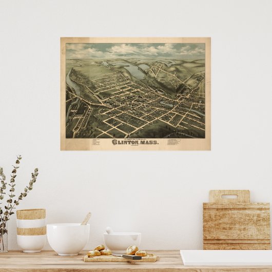 1876 Clinton, MA Birds Eye Uitzicht Panoramic Map Poster (Keuken)