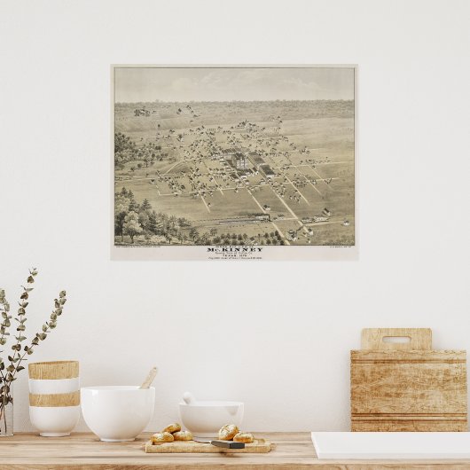 1876 McKinney, TX Bird's Eye Uitzicht Panoramic Ma Poster (Keuken)