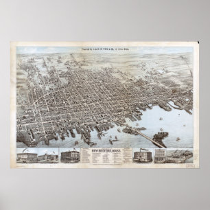 1876 New Bedford, MA Birds Eye Uitzicht Panoramic  Poster