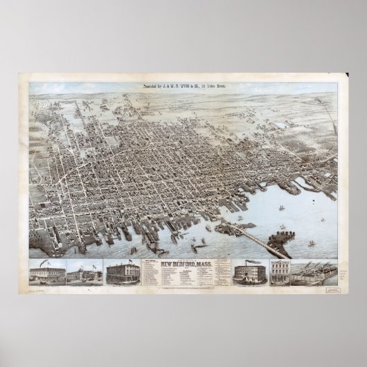 1876 New Bedford, MA Birds Eye Uitzicht Panoramic  Poster (Voorkant)