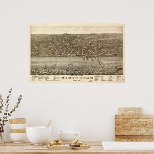 1877 Cleveland, OH Birds Eye Uitzicht Panoramic Ma Poster (Keuken)