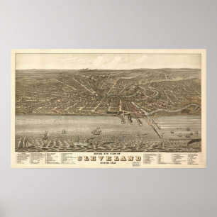 1877 Cleveland, OH Birds Eye Uitzicht Panoramic Ma Poster