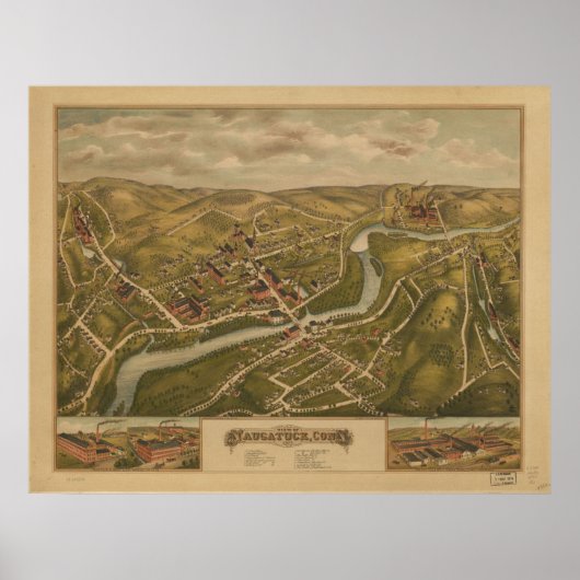 1877 Naugatuck CT Birds Eye Uitzicht Panoramic Map Poster (Voorkant)