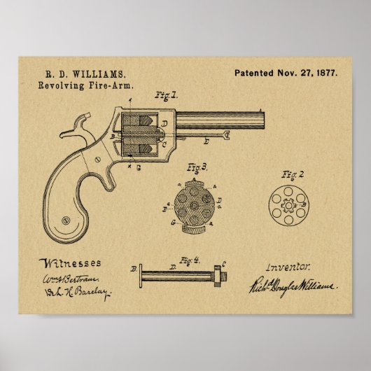 1877 Pistool Revolver Patent Art Drawing Print (Voorkant)