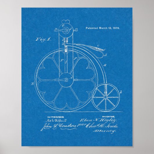 1878 High Wheeler Bicycle Design Patent Art Print (Voorkant)