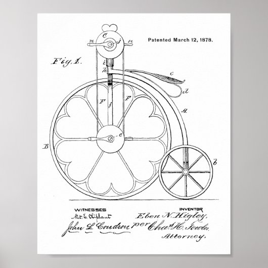 1878  High Wheeler Bicycle Patent Art Print (Voorkant)