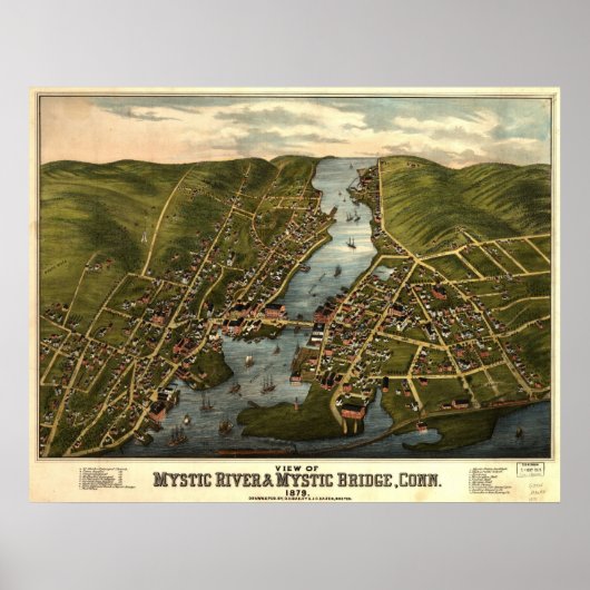 1879 Mystic River & Bridge CT Panoramic Map Poster (Voorkant)