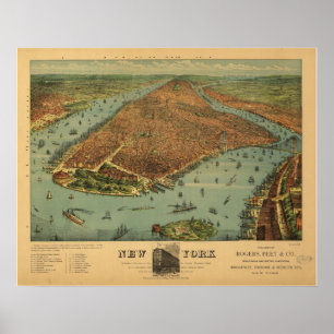 1879 New York City NY Birds Eye Uitzicht Panoramic Poster