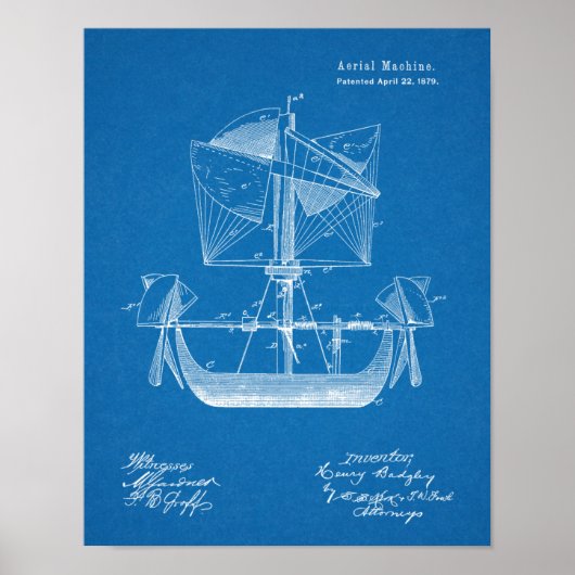 1879 Tekening van vliegtuigpatenten aan boord van  Poster (Voorkant)