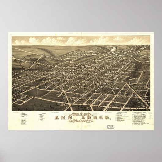 1880 Ann Arbor, MI Birds Eye Uitzicht Panorama Poster (Voorkant)