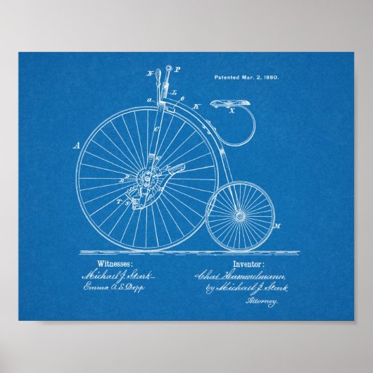 1880 High Wheeler Bicycle Design Patent Art Print (Voorkant)