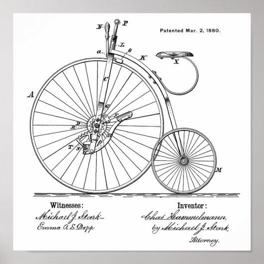 1880  High Wheeler Bicycle Patent Art Print (Voorkant)