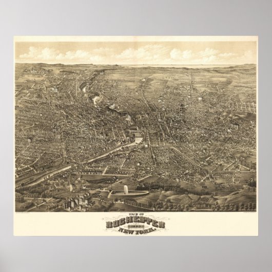 1880 Rochester, NY Birds Eye Uitzicht Panoramic Ma Poster (Voorkant)