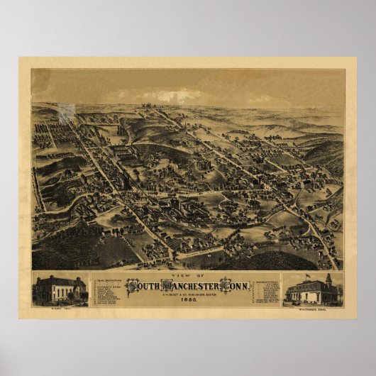 1880 South Manchester CT Birds Eye Panoramic Map Poster (Voorkant)