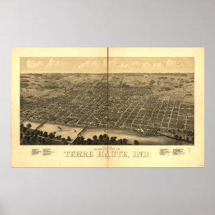 1880 Terre Haute, IN Birds Eye Uitzicht Panoramic  Poster
