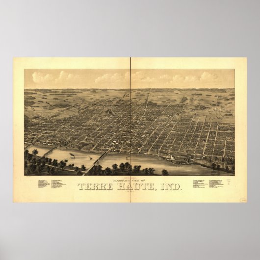1880 Terre Haute, IN Birds Eye Uitzicht Panoramic  Poster (Voorkant)