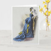 1880 Victoriaans blauw avondjurk wenskaart Kaart (Gele Bloem)