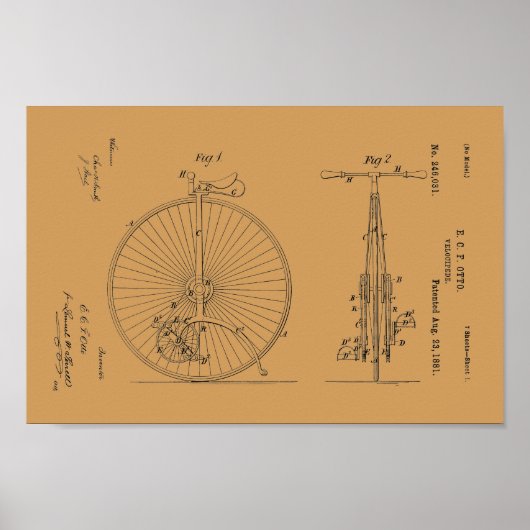 1881  fiets Velocipede-patentafdrukken Poster (Voorkant)