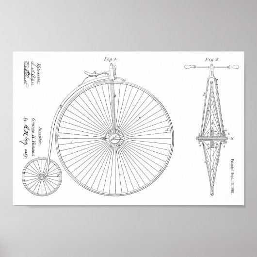 1881 High Wheeler Bicycle Design Patent Art-afdruk Poster (Voorkant)