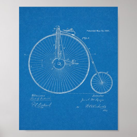 1881 High Wheeler Bicycle Design Patent Art-afdruk Poster (Voorkant)
