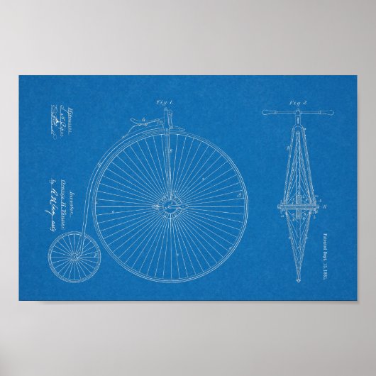 1881 High Wheeler Bicycle Design Patent Art-afdruk Poster (Voorkant)