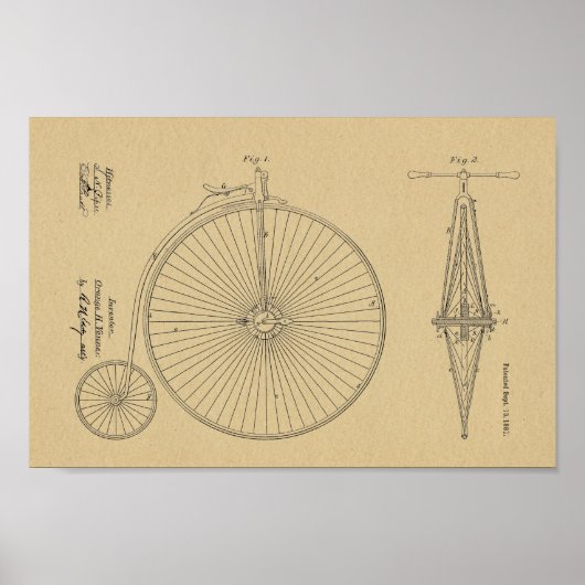 1881 High Wheeler Bicycle Design Patent Art-afdruk Poster (Voorkant)