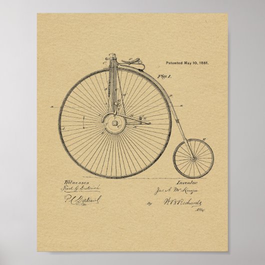 1881  High Wheeler Bicycle Patent Art Print (Voorkant)