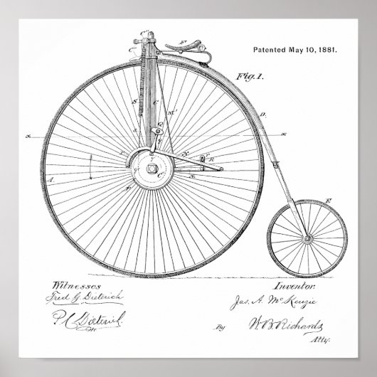 1881  High Wheeler Bicycle Patent Art Print (Voorkant)