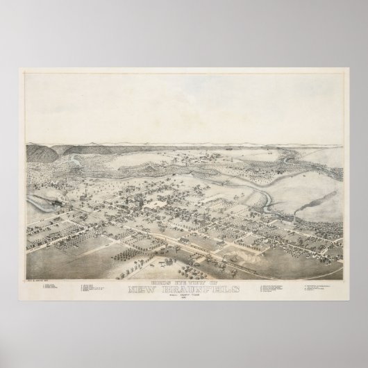 1881 New Braunfels TX Birds Eye Uitzicht Panoramic Poster (Voorkant)