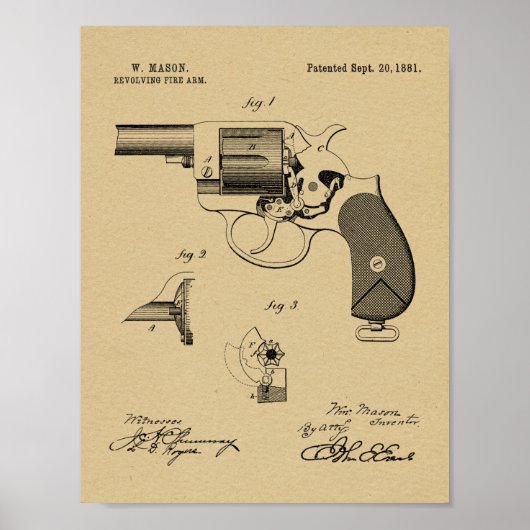 1881 Pistool Revolver Patent Art Drawing Print (Voorkant)