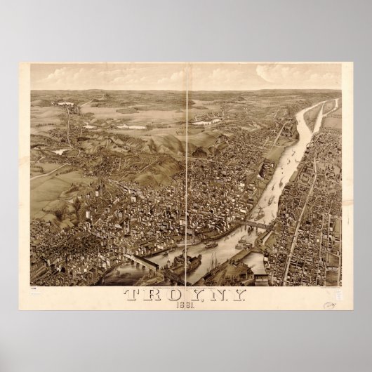 1881 Troy, NY Birds Eye Uitzicht Panoramic Map Poster (Voorkant)