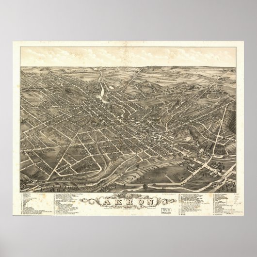 1882 Akron, OH Birds Eye Uitzicht Panoramic Map Poster (Voorkant)