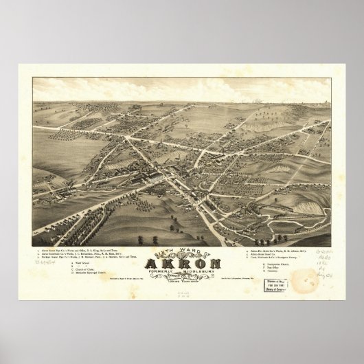1882 Akron, OH Birds Eye Uitzicht Panoramic Map Poster (Voorkant)