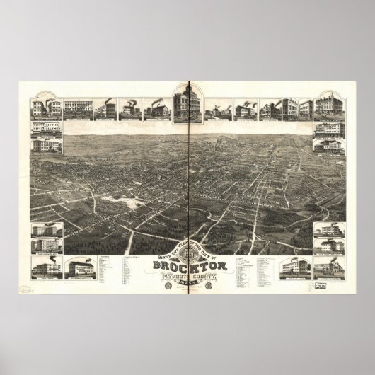 1882 Brockton, MA Birds Eye Uitzicht Panorama Poster (Voorkant)