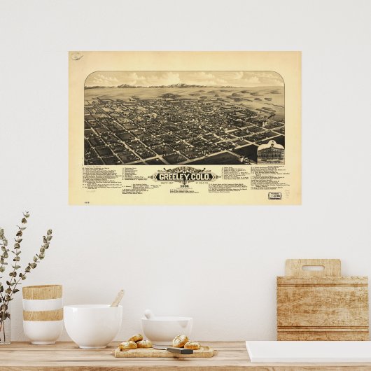 1882 Greeley, CO Birds Eye Uitzicht Panoramic Map Poster (Keuken)